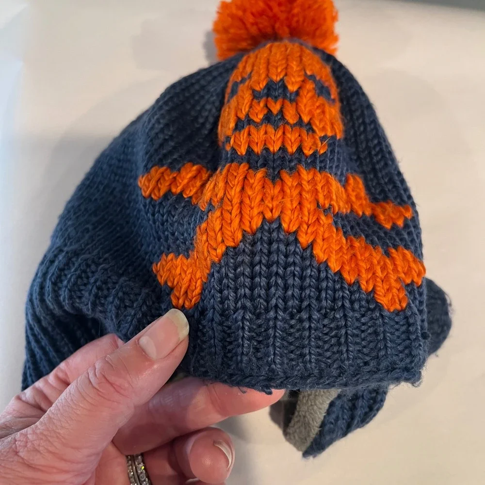 Mini Boden Kids Navy Blue Orange Skull Crossbones Fleece Lined Trapper Hat 2-6y